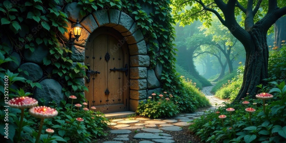 Fototapeta premium Enchanted Forest Gateway A Mystical Stone Archway Leads to a Secluded Path