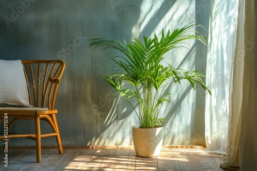 Indoor plant on rug in modern living room with natural light and cozy furniture