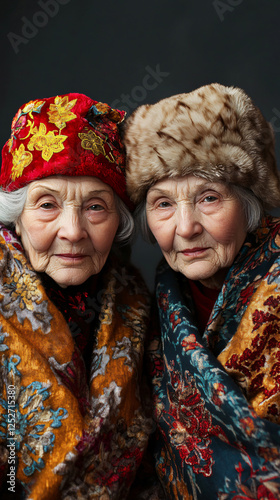 Russian elderly twin women traditional sarafan ushanka embroidered folk attire warm shawls floral patterns cultural winter fashion beauty Slavic portrait cozy charm bond duo family travel love dress photo
