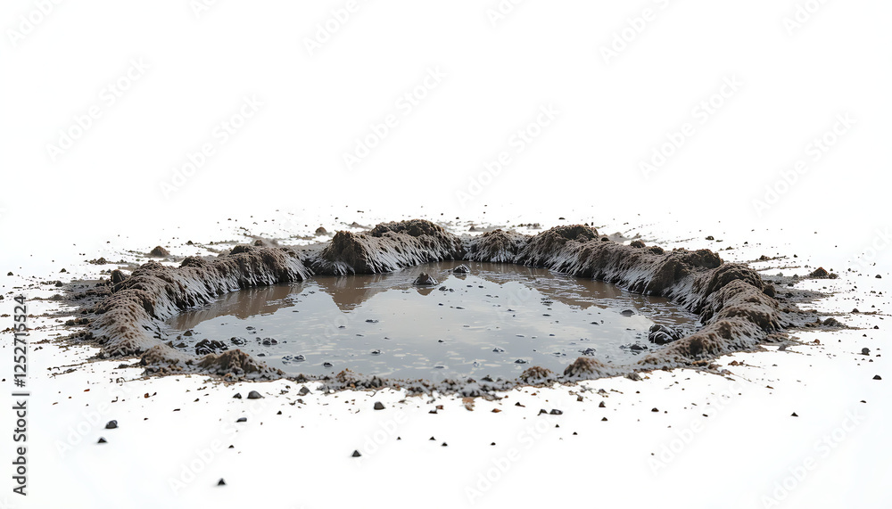 Realistic muddy water puddle with wet soil and scattered dirt on isolated white background, detailed texture of natural ground formation. Realistic muddy water puddle with wet soil and scattered dirt on isolated white background, detailed texture of natural ground formation.