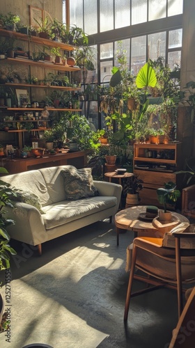 Cozy indoor garden with natural light and comfortable seating in a plant-fill...