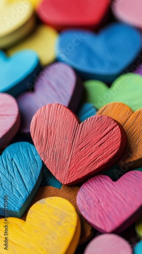 Colorful wooden hearts arranged in an artistic display on a blue wooden backg...