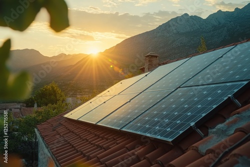 Sunset solar panels mountaintop home energy photo