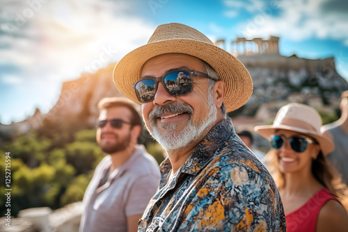 Stylish senior Hispanic man wearing a hat and sunglasses on vacation