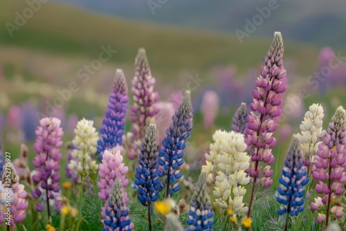 Colorful wildflowers blooming in a vast field at dusk under a cloudy sky