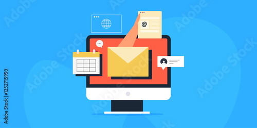 Email messages send to customer with automatic schedule software, hand showing business message, mail on computer screen, email marketing concept.