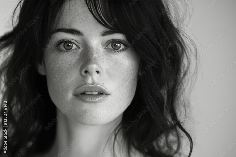 Portrait of a woman with freckles and wavy hair in monochrome Portrait of a woman with freckles and wavy hair in monochrome