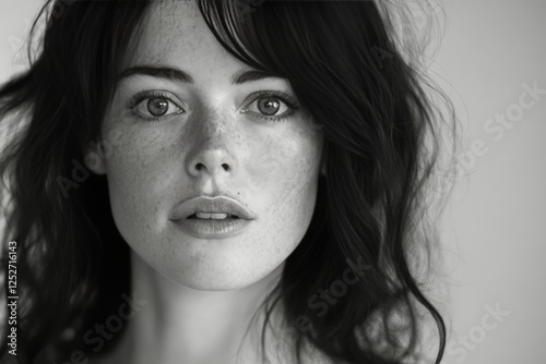 Portrait of a woman with freckles and wavy hair in monochrome