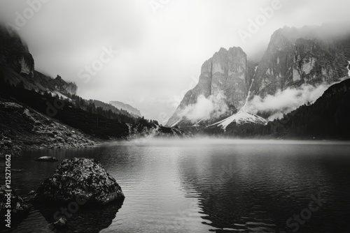 Serene lake surrounded by mountains and grassland in a cloudy atmosphere