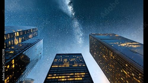City skyscrapers, night sky, milky way, urban fantasy, design