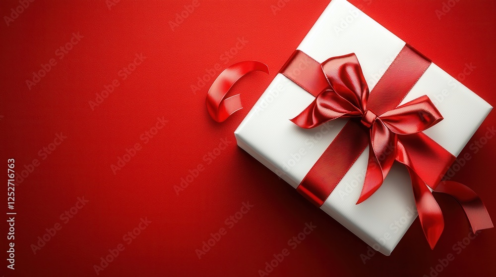 White Gift Box With Red Ribbon On Red Background White Gift Box With Red Ribbon On Red Background
