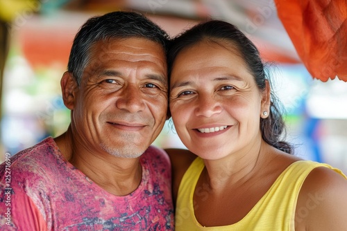 Smiling couple poses together at a vibrant market in a tropical setting durin...