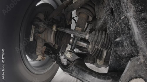 The operation of the car suspension in motion. Camera at the bottom of the car. The car is driving in the snow
