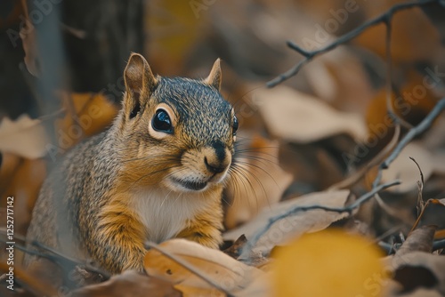 Squirrel exploring autumn leaves in a tranquil forest setting during daylight...