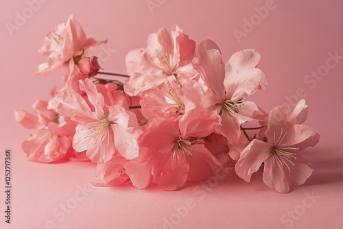Beautiful pink flowers arranged on a soft coral background for aesthetic deco...