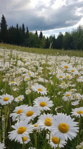 Field of daisies under cloudy sky in a serene landscape during late afternoon
