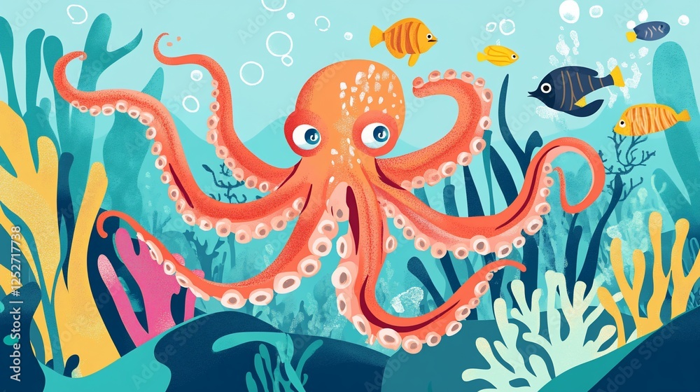 Obraz premium Vibrant underwater illustration of an orange octopus swimming among colorful fish and plants