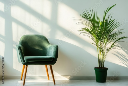 Stylish green chair beside lush plant against textured wall in a modern inter...