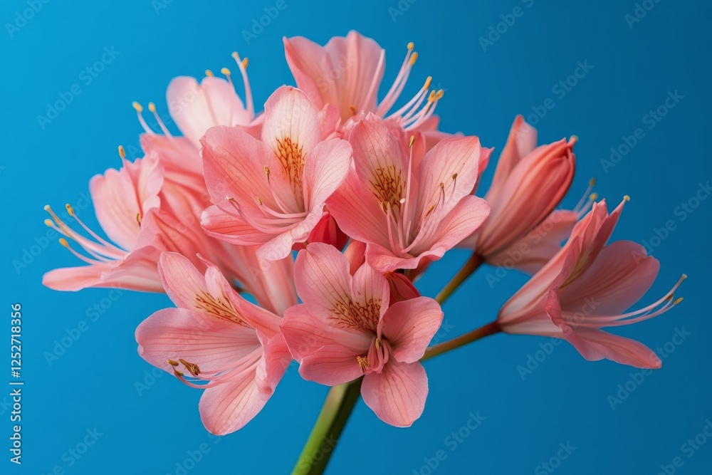 Fototapeta premium Blooming pink flowers against a vibrant blue background create a striking contrast