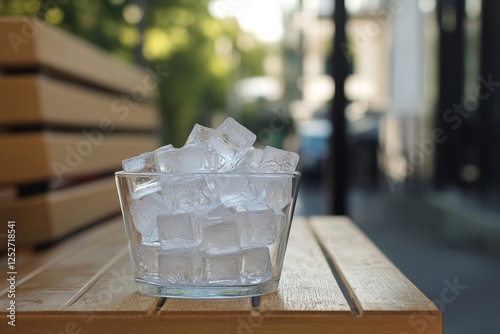 Refreshing ice cubes in a glass bowl on a wooden table during a warm day in a...