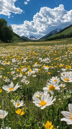 Wildflower meadow with bright daisies under a clear blue sky in the mountains...