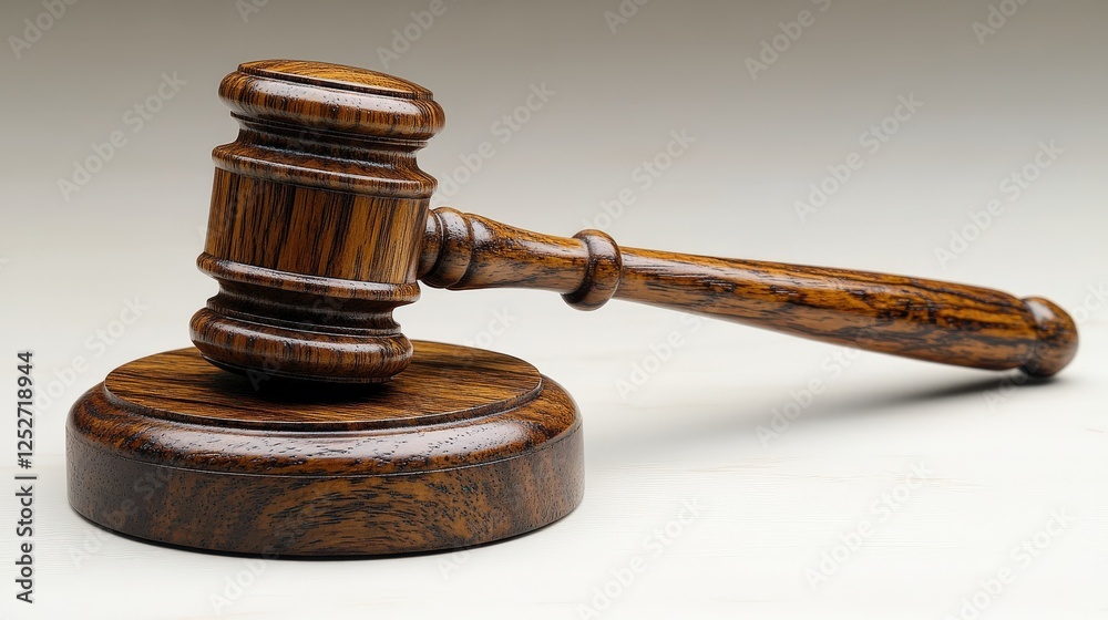 Wooden gavel resting on a round base, symbolizing justice in a courtroom setting Wooden gavel resting on a round base, symbolizing justice in a courtroom setting