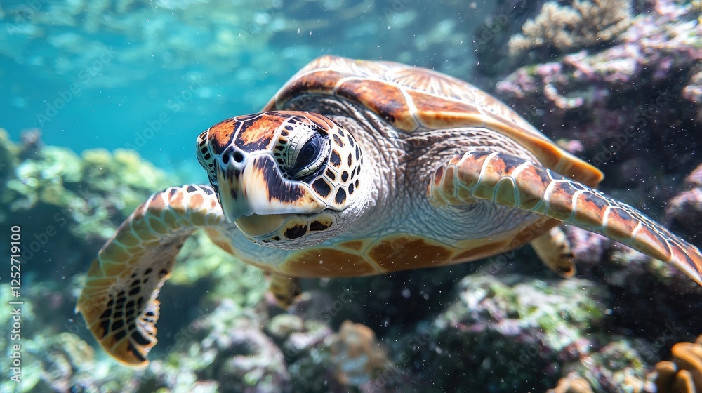 Obraz premium Green sea turtle swimming over a vibrant coral reef in clear tropical ocean water during the day.