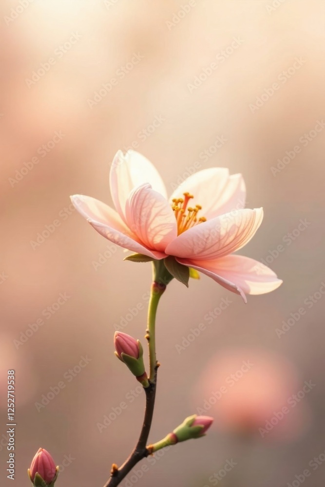 A Delicate Pink Blossom in Soft Golden Light, Gracefully Emerging from Budding Branches A Delicate Pink Blossom in Soft Golden Light, Gracefully Emerging from Budding Branches