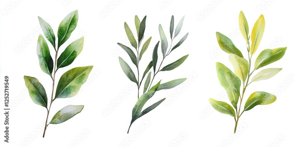 Three different styles of leafy branches with a naturalistic illustration style. Three different styles of leafy branches with a naturalistic illustration style.