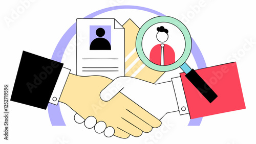 Two hands tremble in front of a document containing a profile picture while a magnifying glass highlights another profile picture.Scene conveys themes of business agreement and candidate selection.AI