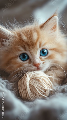 Cute kitten playing with a ball of yarn.