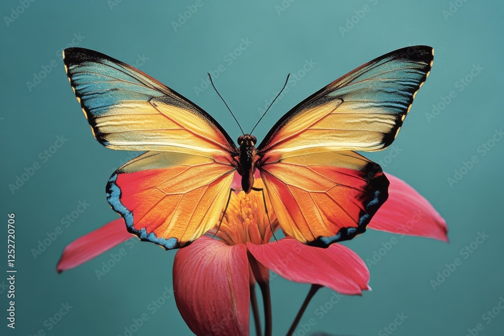 Fototapeta premium Brightly colored butterfly resting on a vibrant flower in a serene natural setting