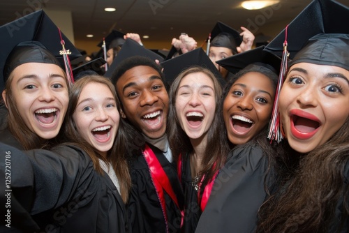 Graduates celebrate their achievement outdoors during a commencement ceremony...
