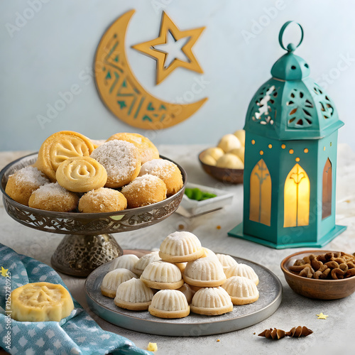 Assorted semolina maamoul or mamoul cookies , awameh or lokma with ramadan decor crescent moon. Traditional arabic Eid al Adha, Eid al Fitr , Ramadan sweets photo