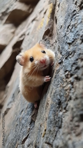 Cute hamster sitting on wooden surface with tiny paws together in a charming ...