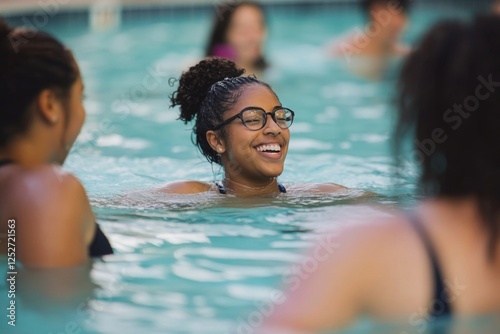 Young woman enjoying a tranquil moment in a swimming pool with friends during...