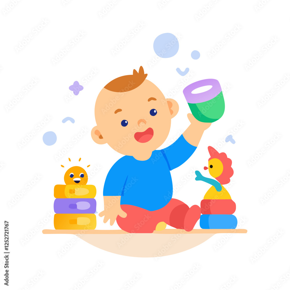 Naklejka premium Smiling baby playing with toys on the floor