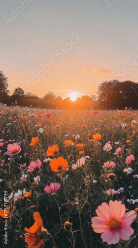 Colorful wildflower field at sunset with vibrant blooms and a picturesque sky