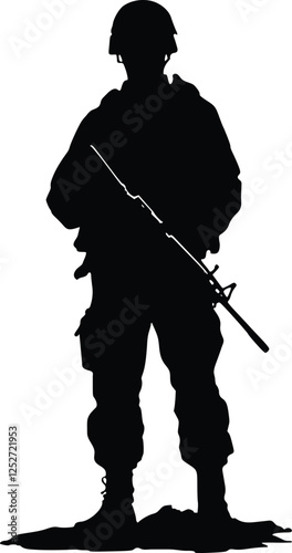Minimalist black and white silhouette of a soldier in full combat gear, standing in a ready stance with a rifle, helmet, and boots, representing military strength and discipline.