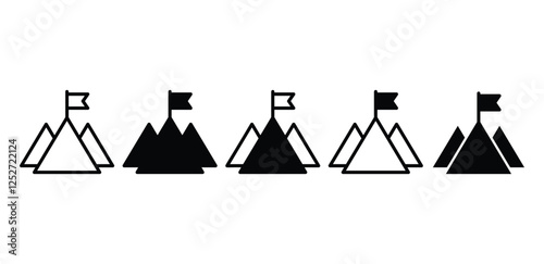 mountain with flag on the top, achievment, goal, ambition, success icon vector design black white color simple flat illustration sets
