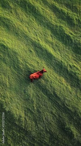 Brown cow grazing on lush green pasture during bright daylight