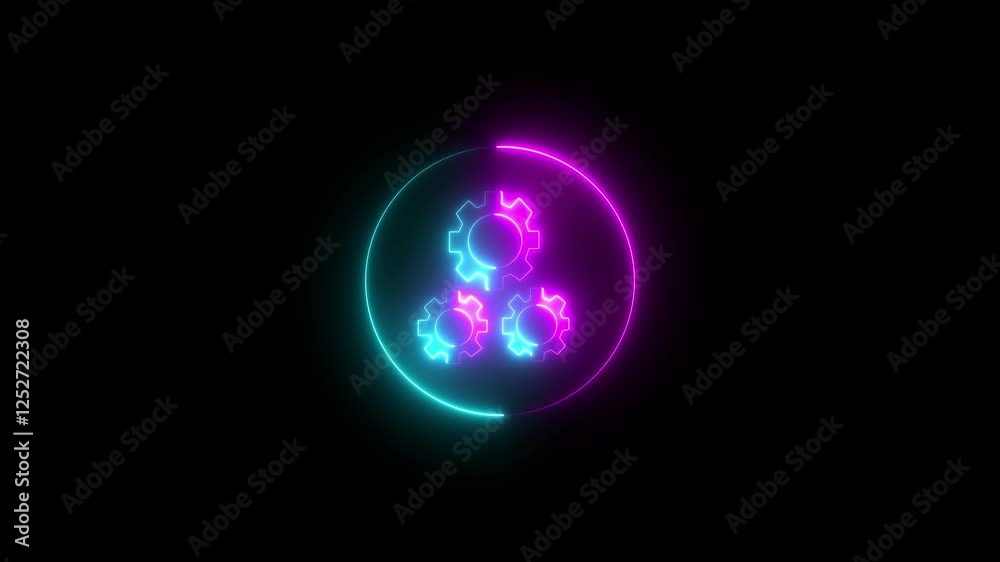 Glowing neon line setting icon with spinning gears and arrow icon animated. Glowing neon line setting icon with spinning gears and arrow icon animated.