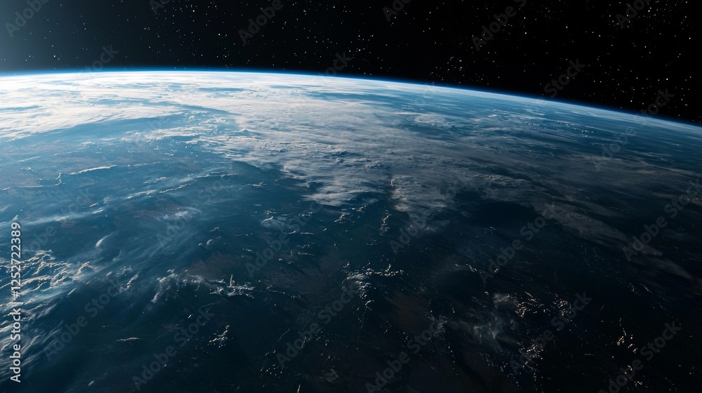 Fototapeta premium Viewing Earth from space showcases stunning planet curve and vibrant blue oceans against dark starry backdrop
