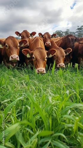 Cows grazing in a lush green field under cloudy skies in a rural landscape