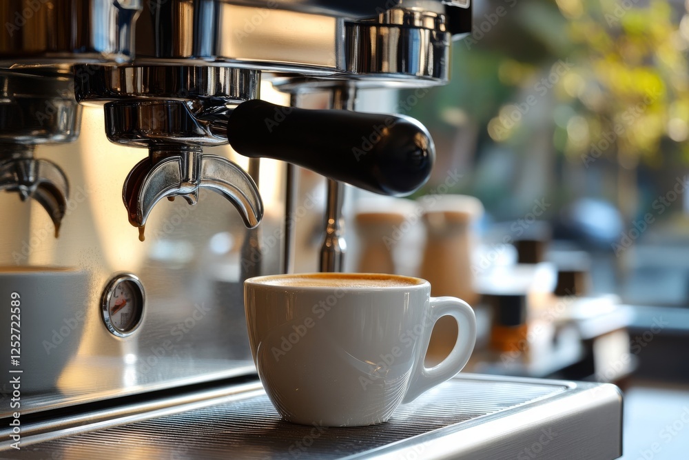 Coffee brewing in a cafe with an espresso machine and a white cup on the counter Coffee brewing in a cafe with an espresso machine and a white cup on the counter