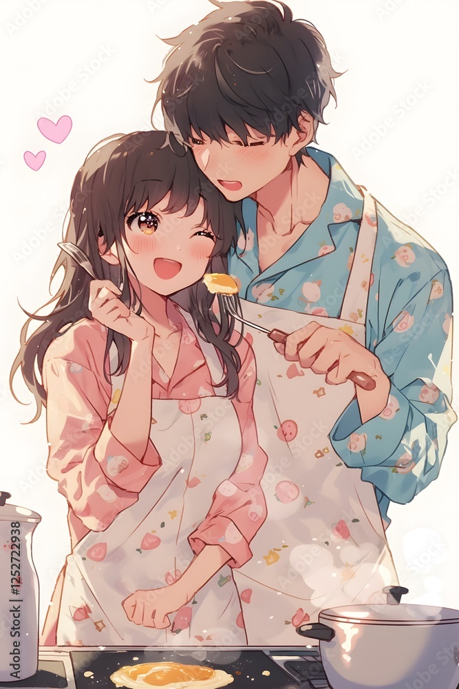 Fototapeta premium Adorable Anime-Style Couple Cooking Breakfast Together with Pancake Batter on Their Cheeks