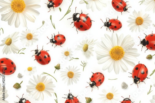 Bright red ladybugs among white daisies on a light background