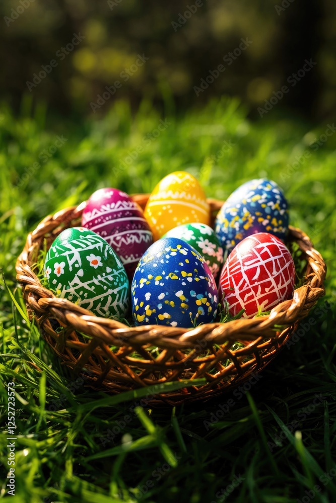 Vibrant hand-painted eggs in woven basket for spring holiday celebration. Vibrant hand-painted eggs in woven basket for spring holiday celebration.