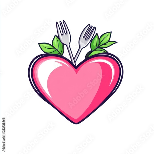 Heart-shaped logo with forks and leaves.  Food love concept photo