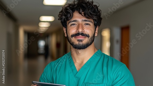 Confident Male Nurse in Hospital Corridor Holding Digital Tablet